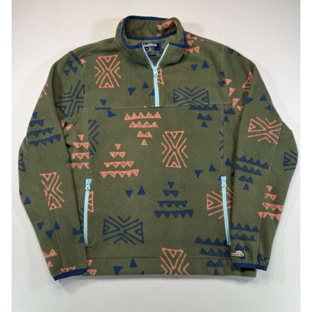 Chubbies Mens Large Olive Green Tribal Geometric Quarter Zip Fleece Pullover